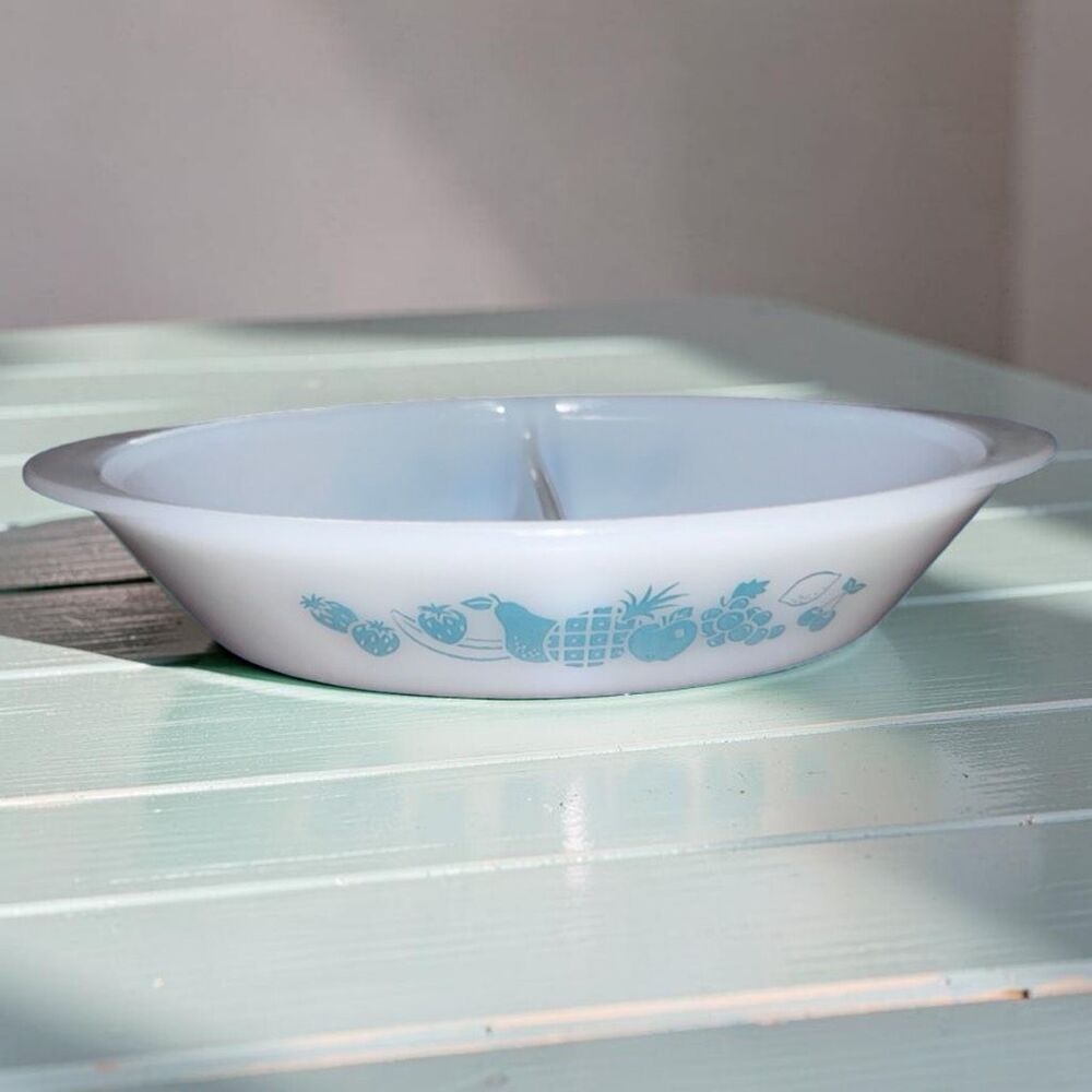 Vintage Milk Glass Fruit Pattern Glasbake Divided Casserole Dish Oval